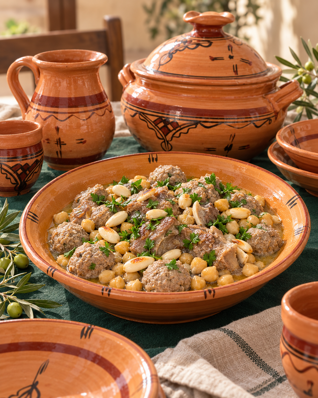 Mtewem algérien traditionnel aux boulettes, à l’ail et aux pois chiches, présenté dans la vaisselle artisanale kabyle NEJMA