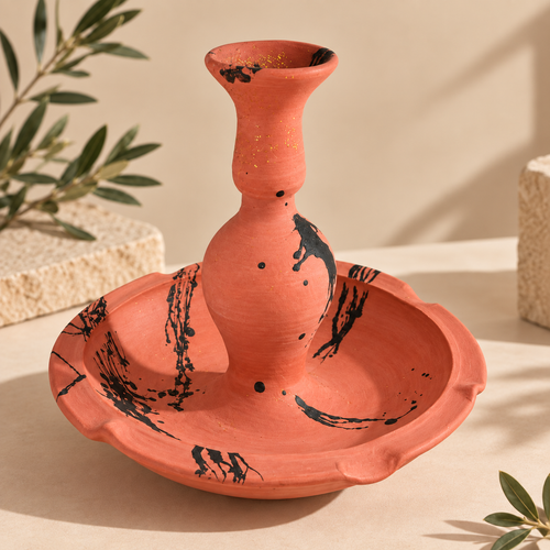 Bougeoir artisanal algérien NEJMA en terracotta rose avec décor noir, pièce de décoration faite main