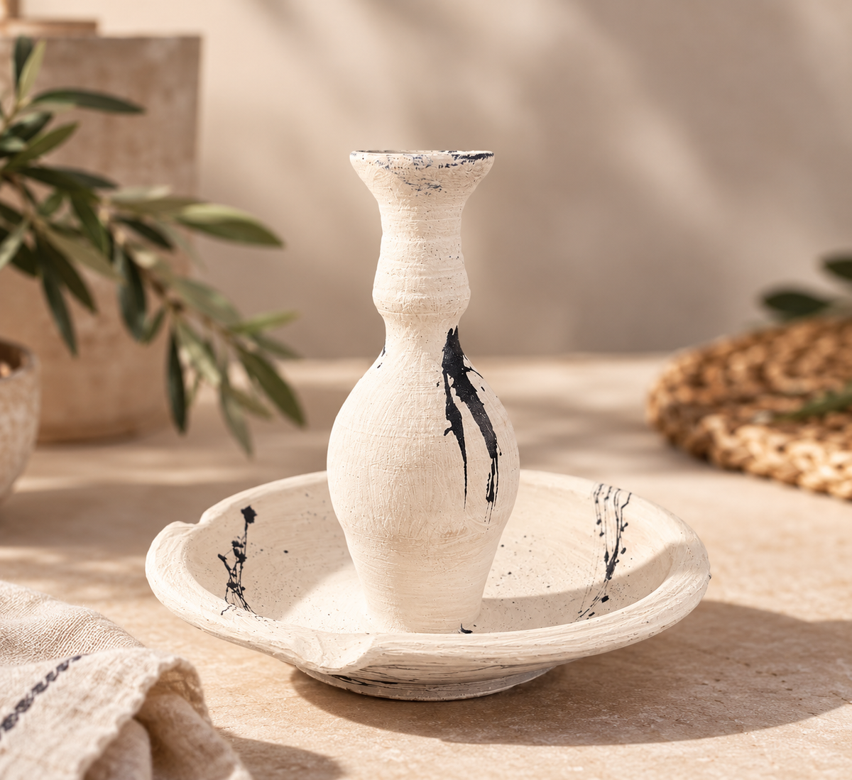 Bougeoir artisanal algérien NEJMA blanc en terre cuite