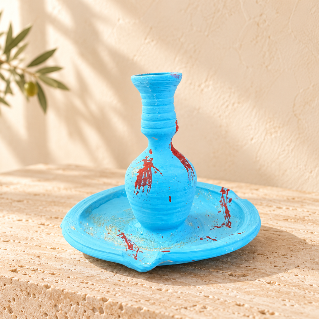 Bougeoir artisanal algérien NEJMA bleu turquoise en terre cuite
