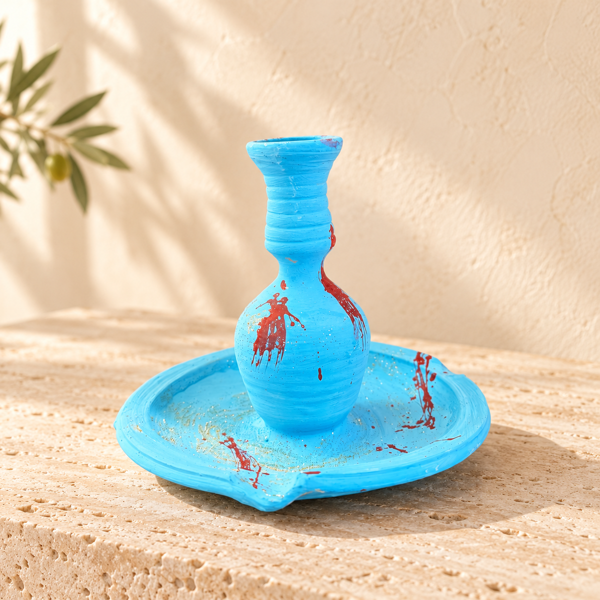 Bougeoir artisanal algérien NEJMA bleu turquoise en terre cuite