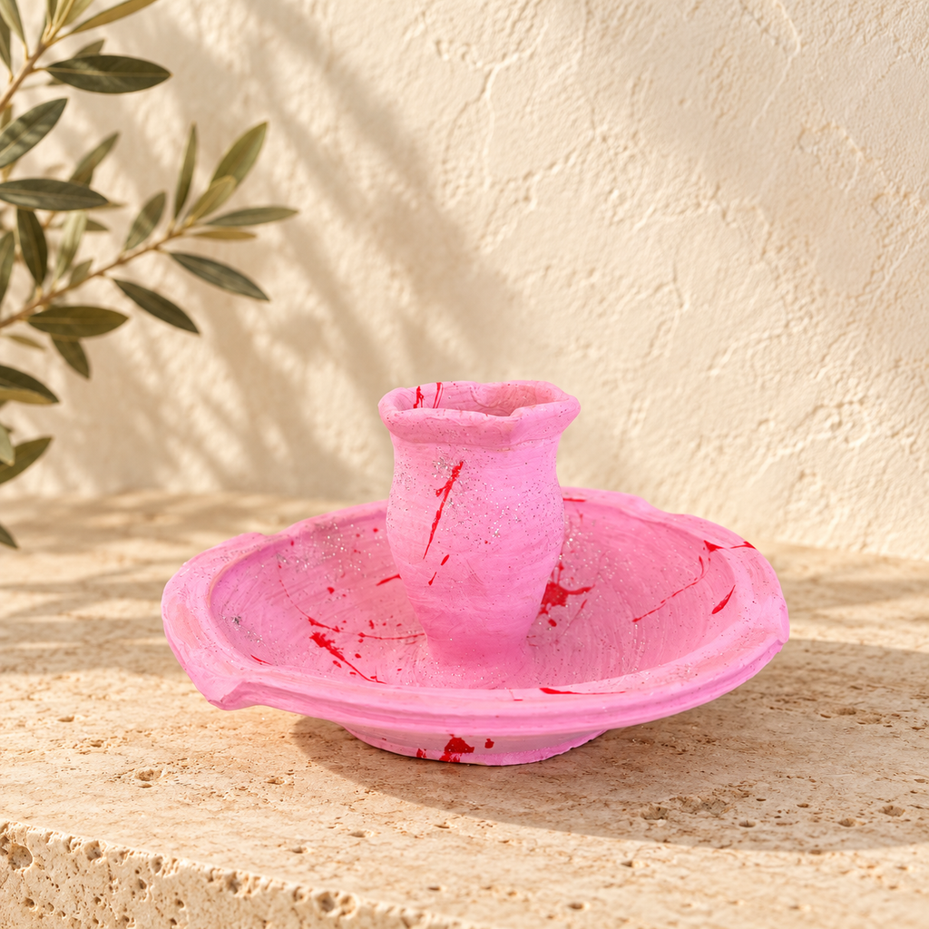 Bougeoir artisanal algérien NEJMA rose modèle bas en terre cuite