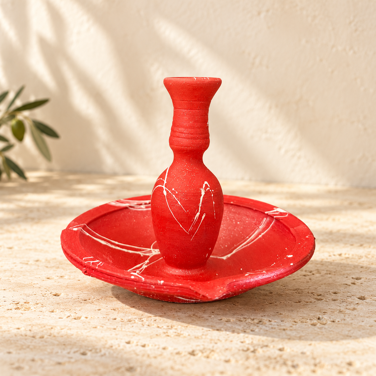 Bougeoir artisanal algérien NEJMA rouge en terre cuite