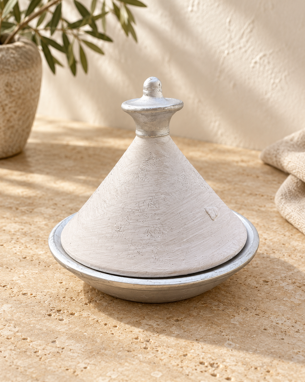 Mini tajine NEJMA blanc et argenté, vue en trois quarts sur fond beige