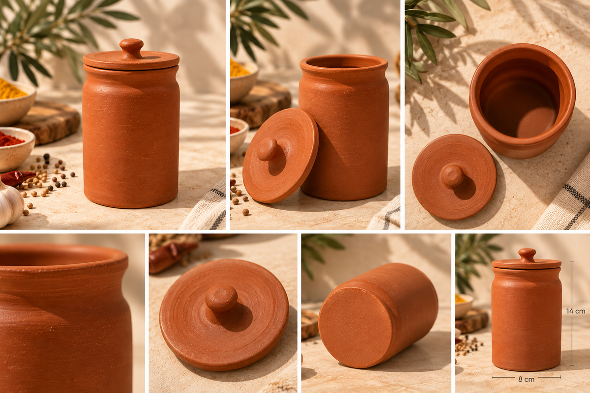 Pot à épices artisanal Terre NEJMA en terre cuite, détails du pot et du couvercle