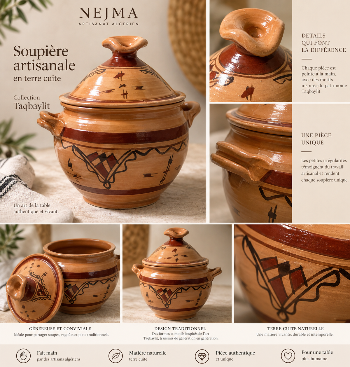 Présentation de la soupière artisanale kabyle Collection Taqbaylit NEJMA