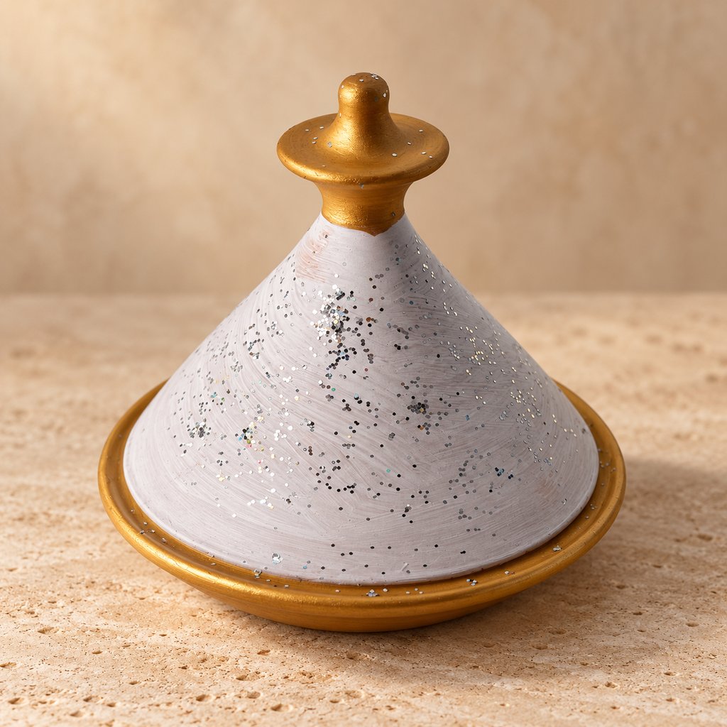 Tajine moyen décoratif artisanal blanc, doré et pailleté – NEJMA